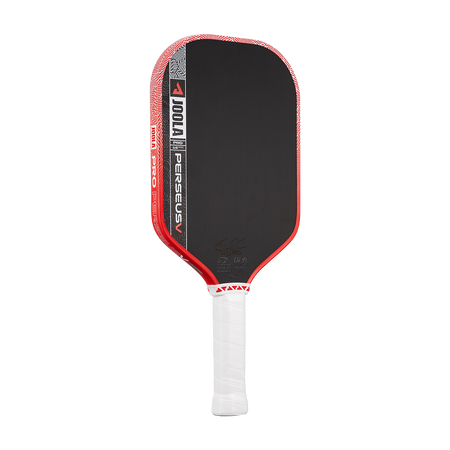 Pickleball paddle with red and black design on a white background