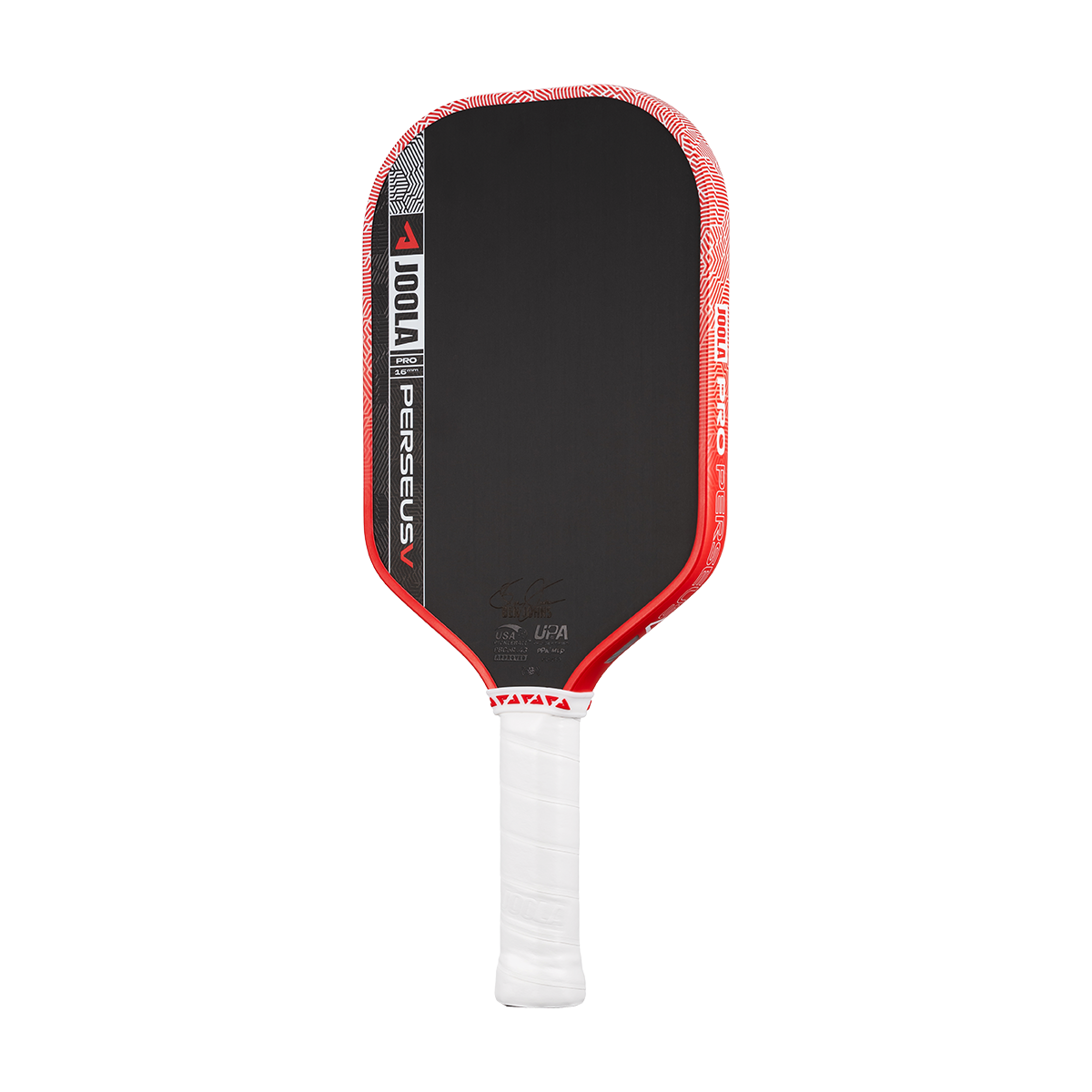 Pickleball paddle with black surface, red edges, and white handle on a white background