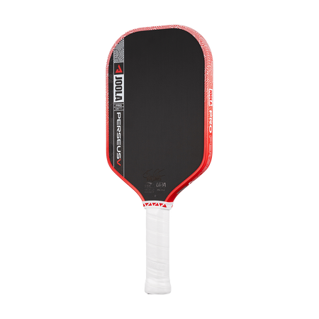 Pickleball paddle with black surface, red edges, and white handle on a white background