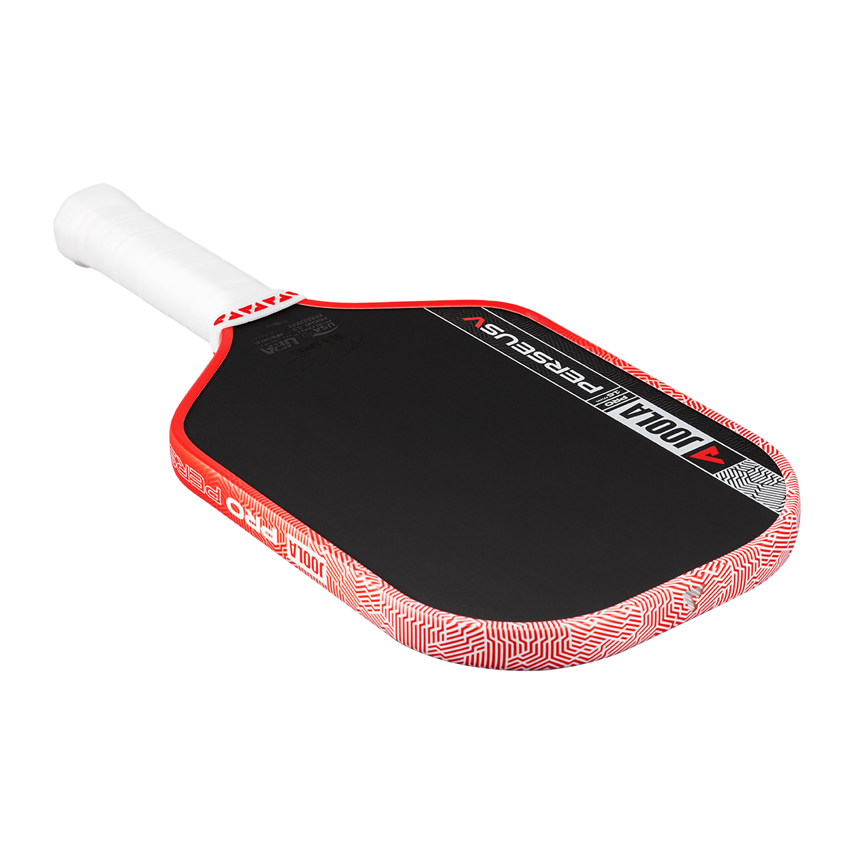 Red and black pickleball paddle with white handle on a white background