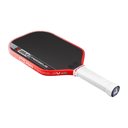 Pickleball paddle with red and black design on a white background