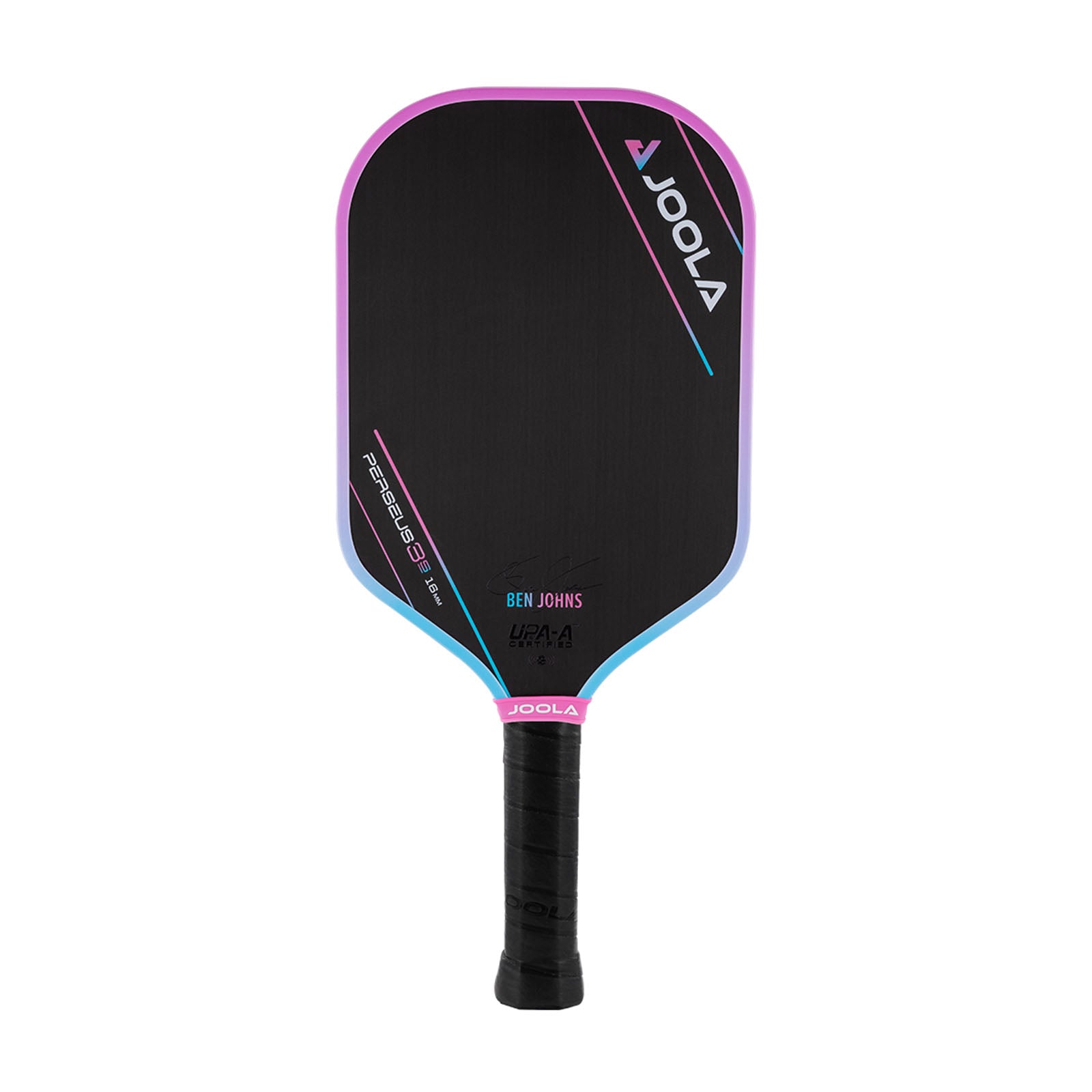 White background, product image of the JOOLA Pink Perseus 3S pickleball paddle, blue and pink edge guard.