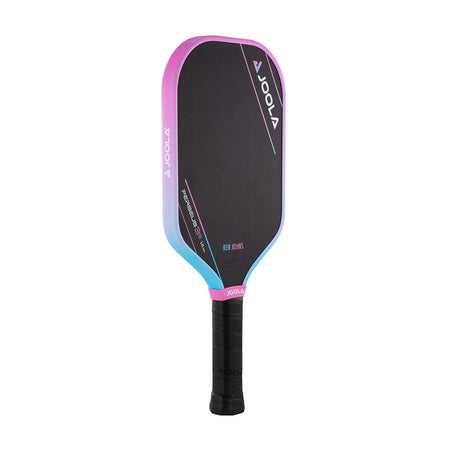 White background, angled product image of the JOOLA Pink Perseus 3S pickleball paddle, blue and pink edge guard.