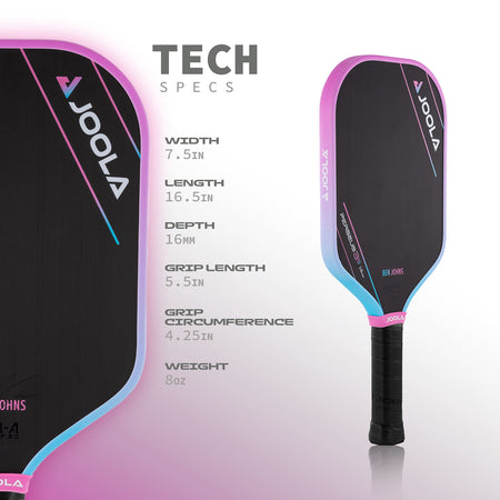 Infographic image of the JOOLA Pink Perseus 3S's technical specifications. Including width, length, depth, grip length, grip circumference and weight.