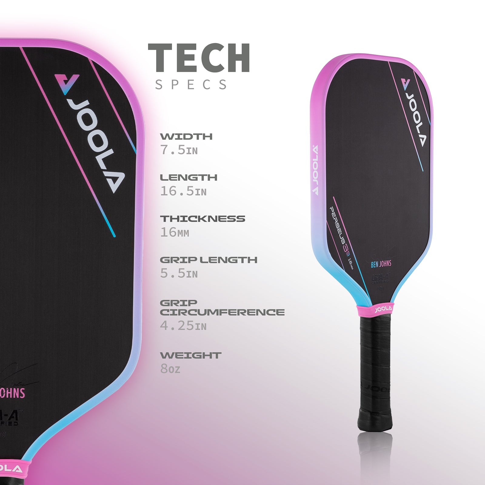 JOOLA Infographic showing the product specification for the JOOLA Pink Perseus. 