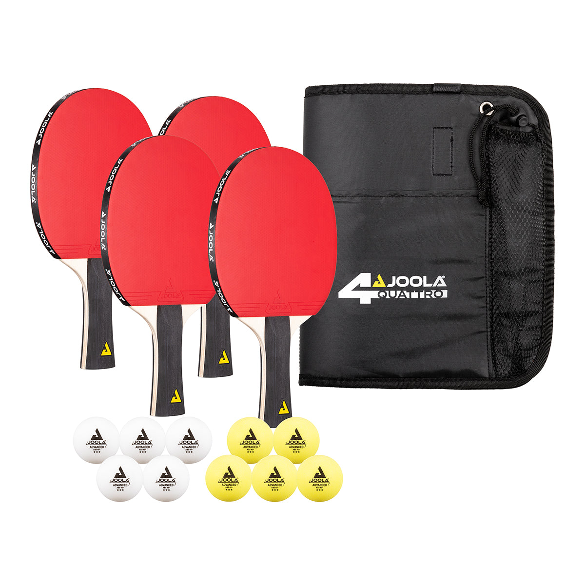 White background, product image of the full JOOLA Quattro table tannis racket set. Four rackets, ten balls and quattro carrying case all included.