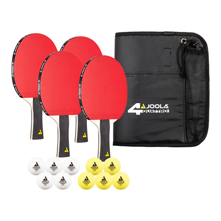 White background, product image of the full JOOLA Quattro table tannis racket set. Four rackets, ten balls and quattro carrying case all included.