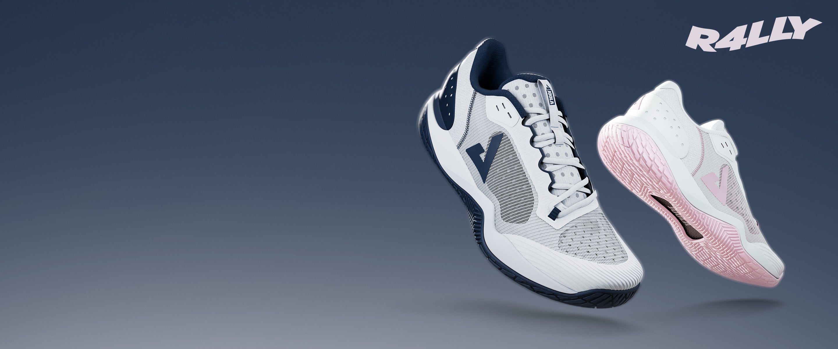 Horizontal banner image of a pair of JOOLA R4LLy pickleball shoes, pink and white women's pickleball shoe and a men's navy and white men's pickleball shoe.