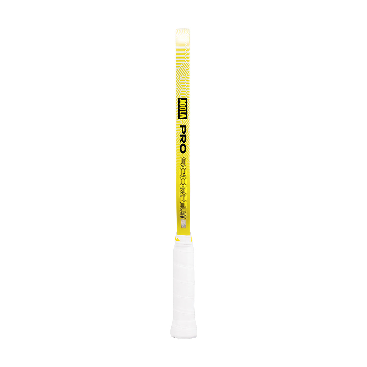 White background, product image showining the white handle and yellow and black edge guard on the JOOLA Scorpeus Pro V.