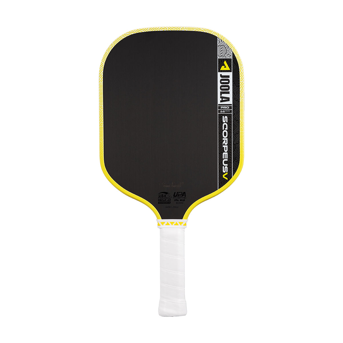Pickleball paddle with black face, yellow rim, and white handle on a white background