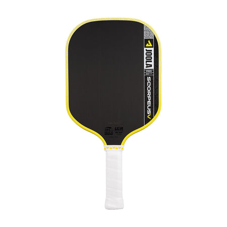 Pickleball paddle with black face, yellow rim, and white handle on a white background