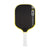 Pickleball paddle with black face, yellow rim, and white handle on a white background
