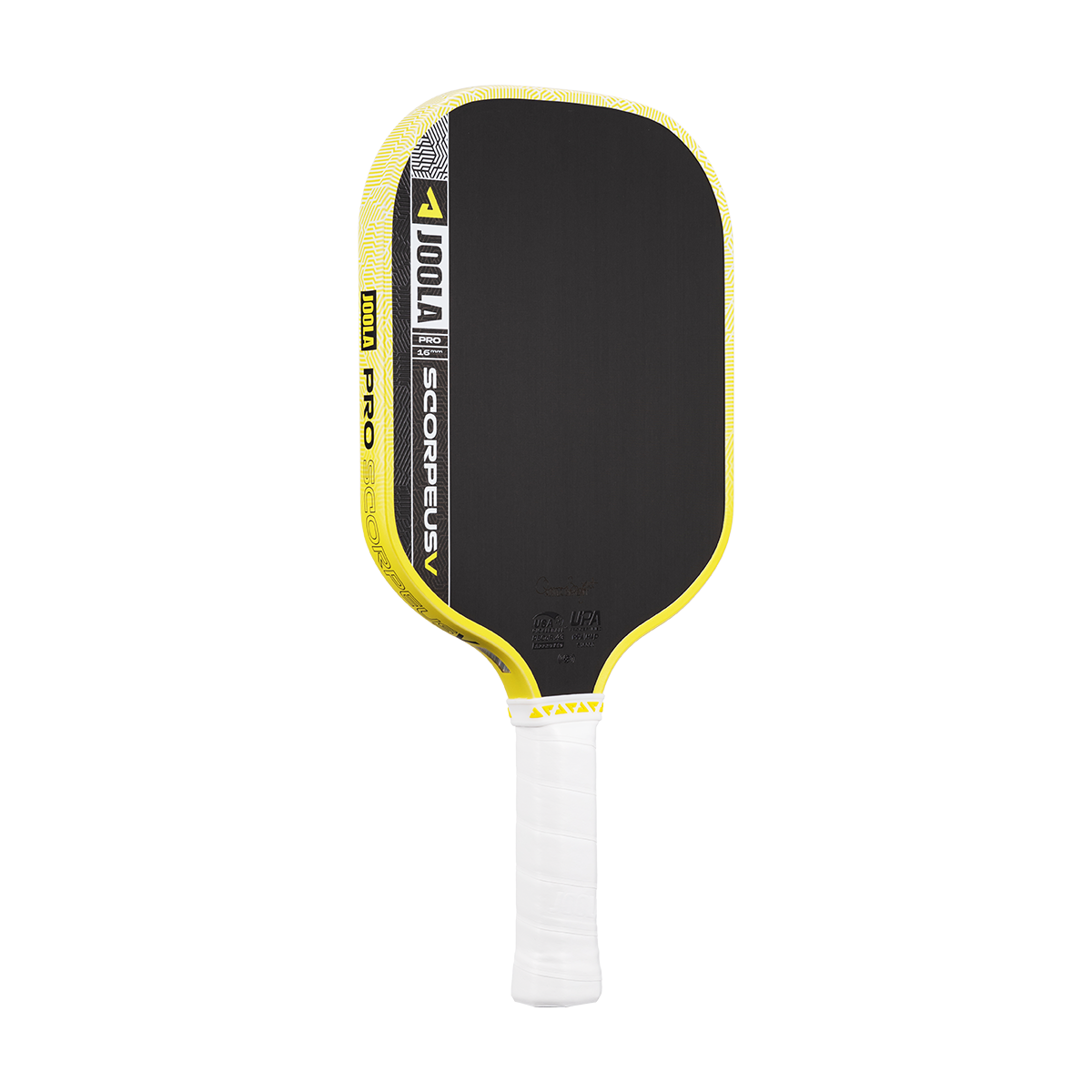 Black and yellow pickleball paddle on a white background