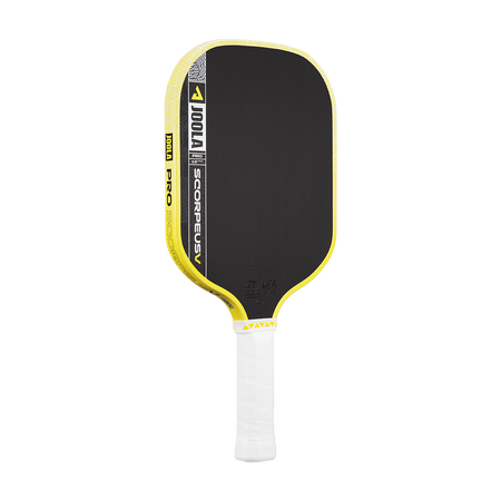 Black and yellow pickleball paddle on a white background