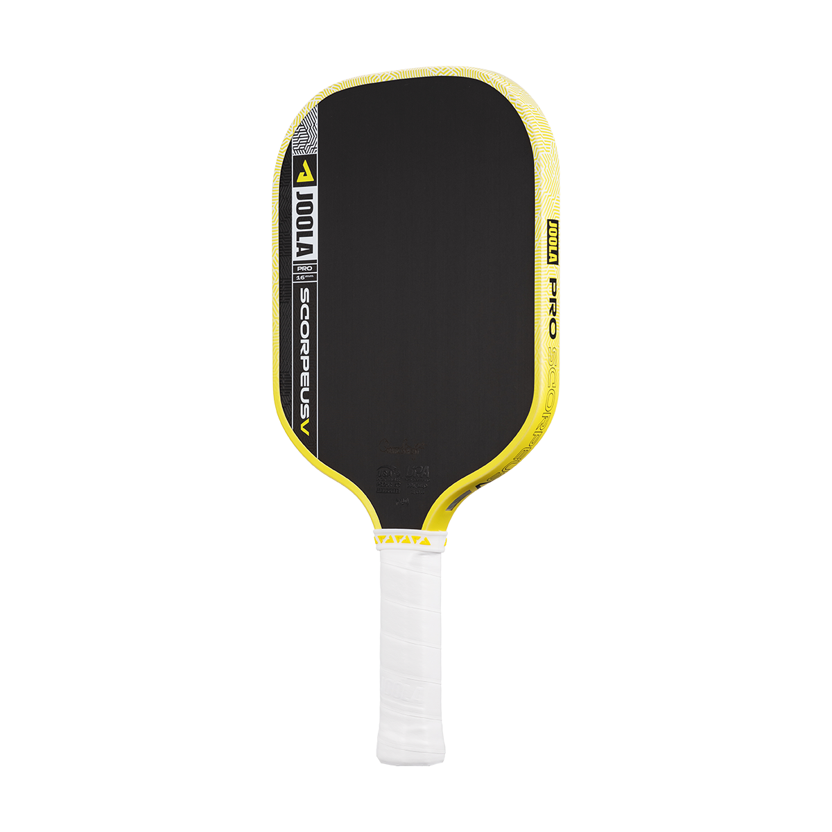 Pickleball paddle with black surface, yellow rim, and white handle on a white background