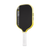 Pickleball paddle with black surface, yellow rim, and white handle on a white background