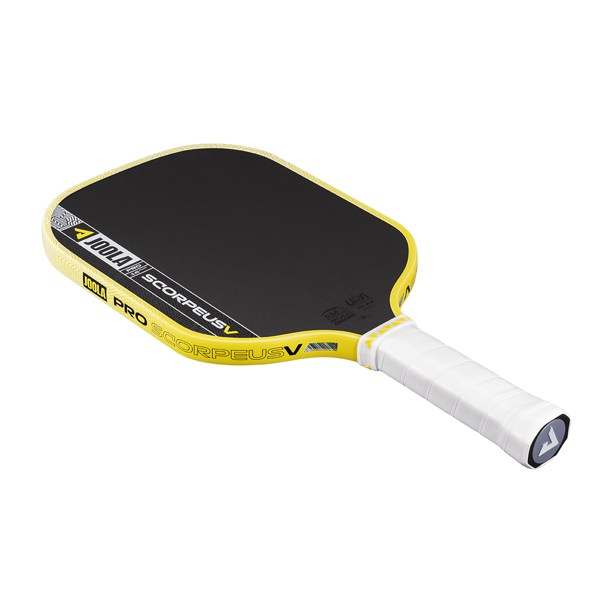 Yellow and black pickleball paddle on a white background