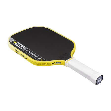 Yellow and black pickleball paddle on a white background