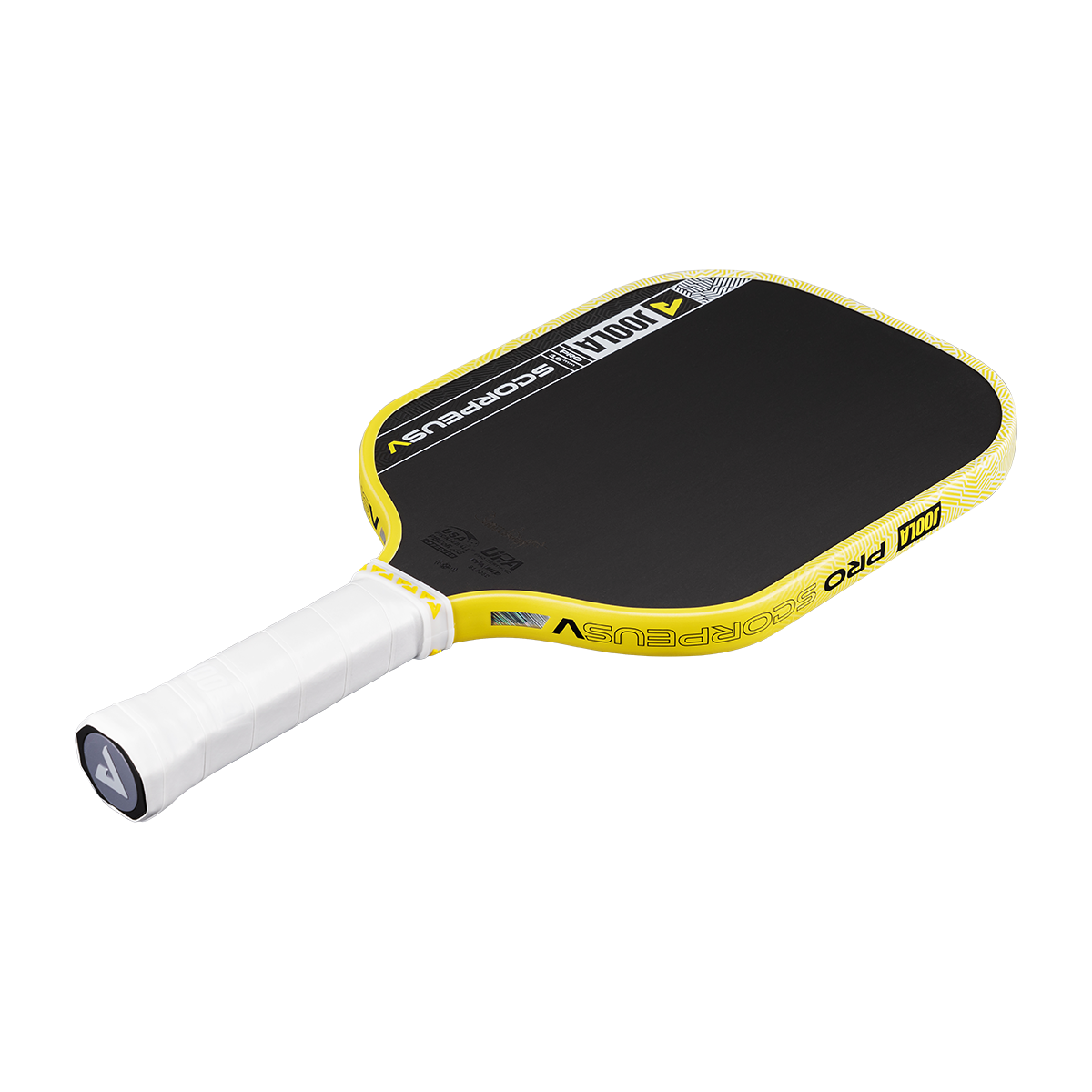 Pickleball paddle with black surface and yellow edges on a white background