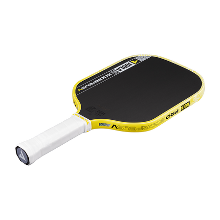 Pickleball paddle with black surface and yellow edges on a white background