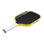 Pickleball paddle with black surface and yellow edges on a white background