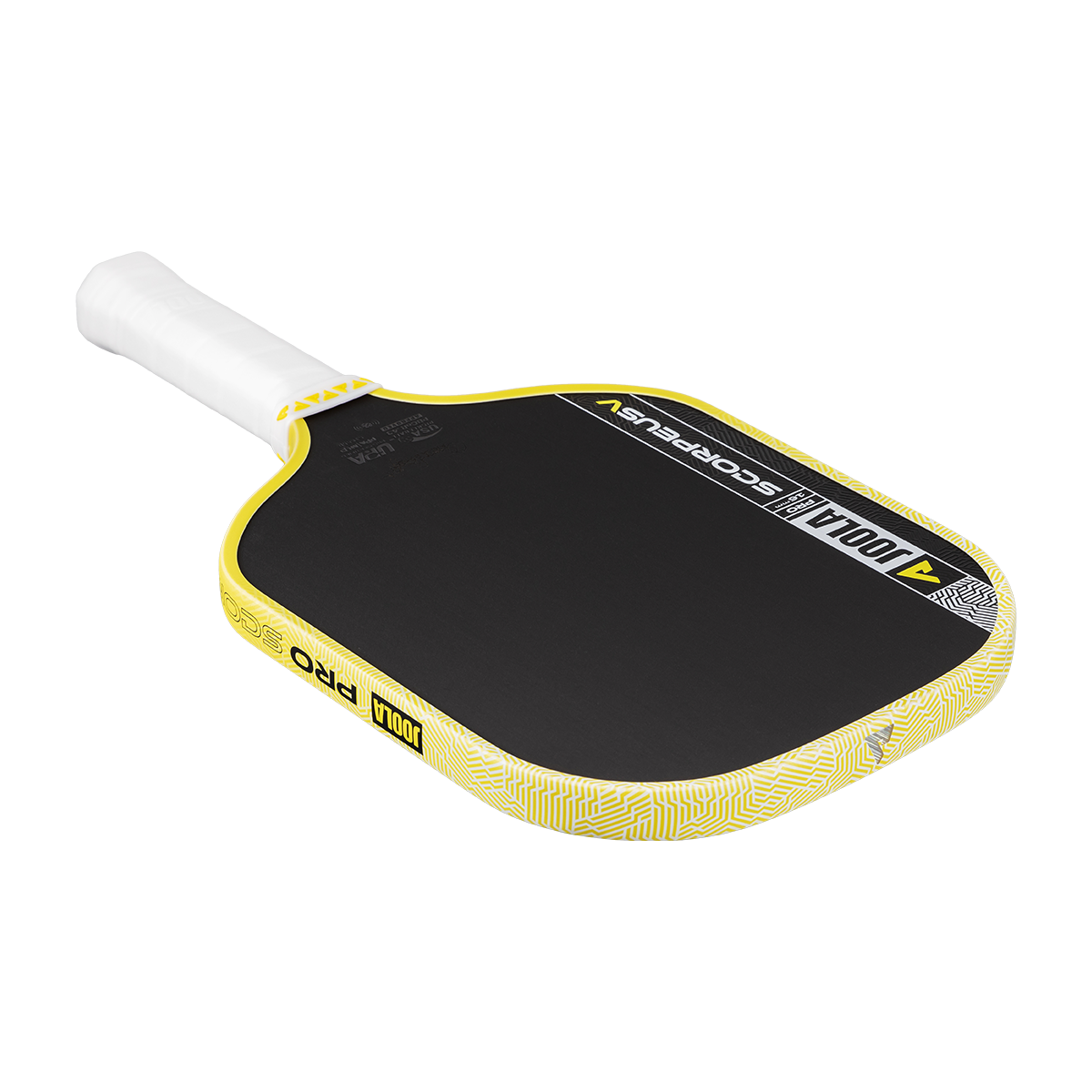 Yellow and black pickleball paddle with white handle on a white background