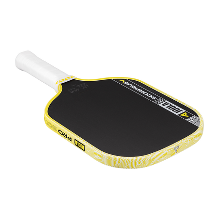 Yellow and black pickleball paddle with white handle on a white background