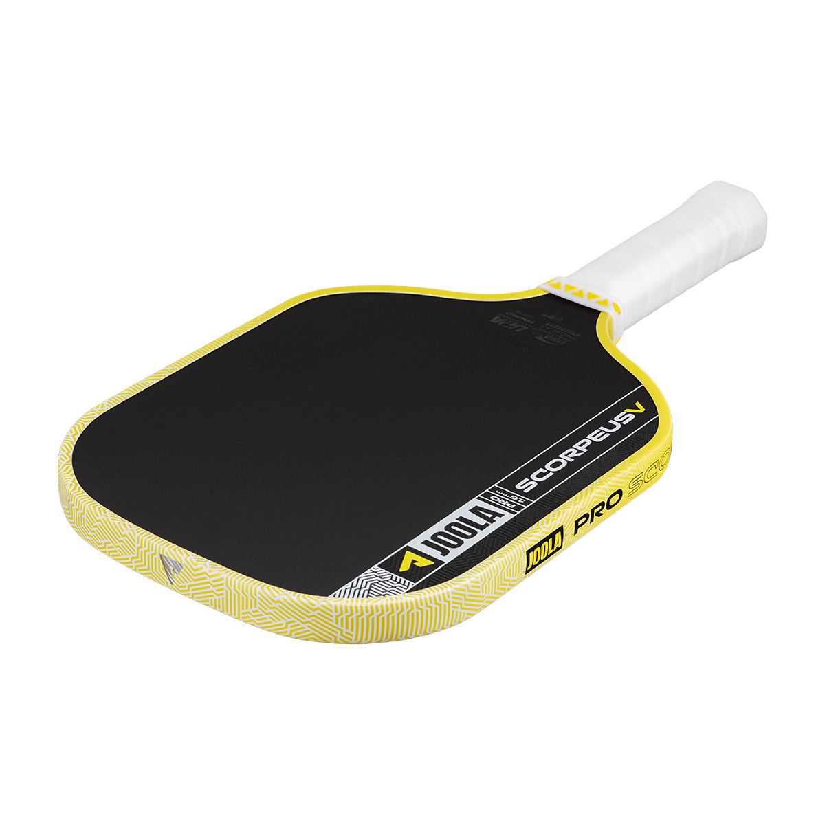 Pickleball paddle with black surface and yellow rim on a white background