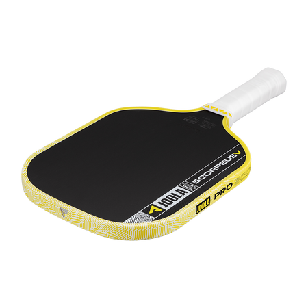 Pickleball paddle with black surface and yellow rim on a white background
