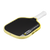 Pickleball paddle with black surface and yellow rim on a white background
