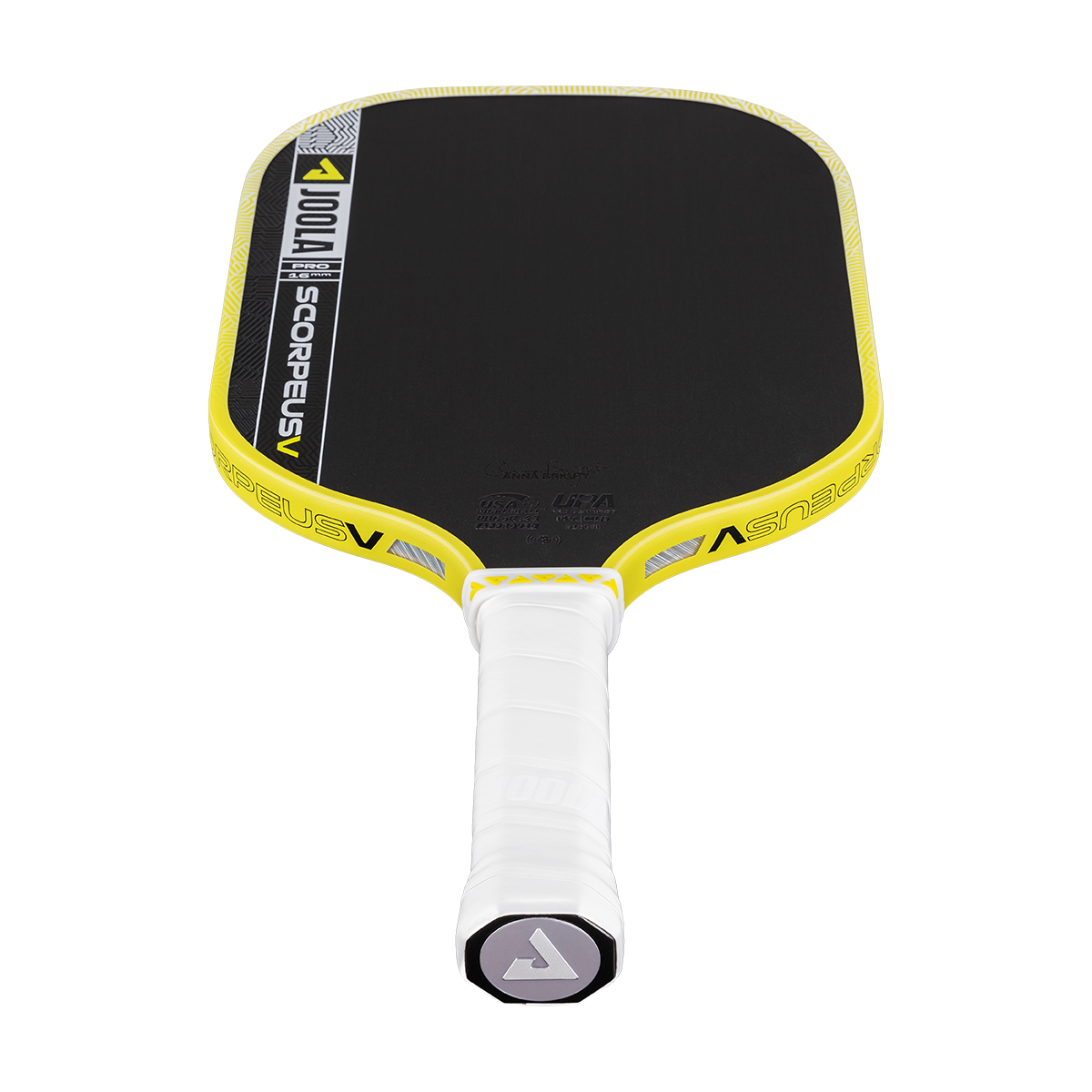 Yellow and black pickleball paddle with white handle on a white background
