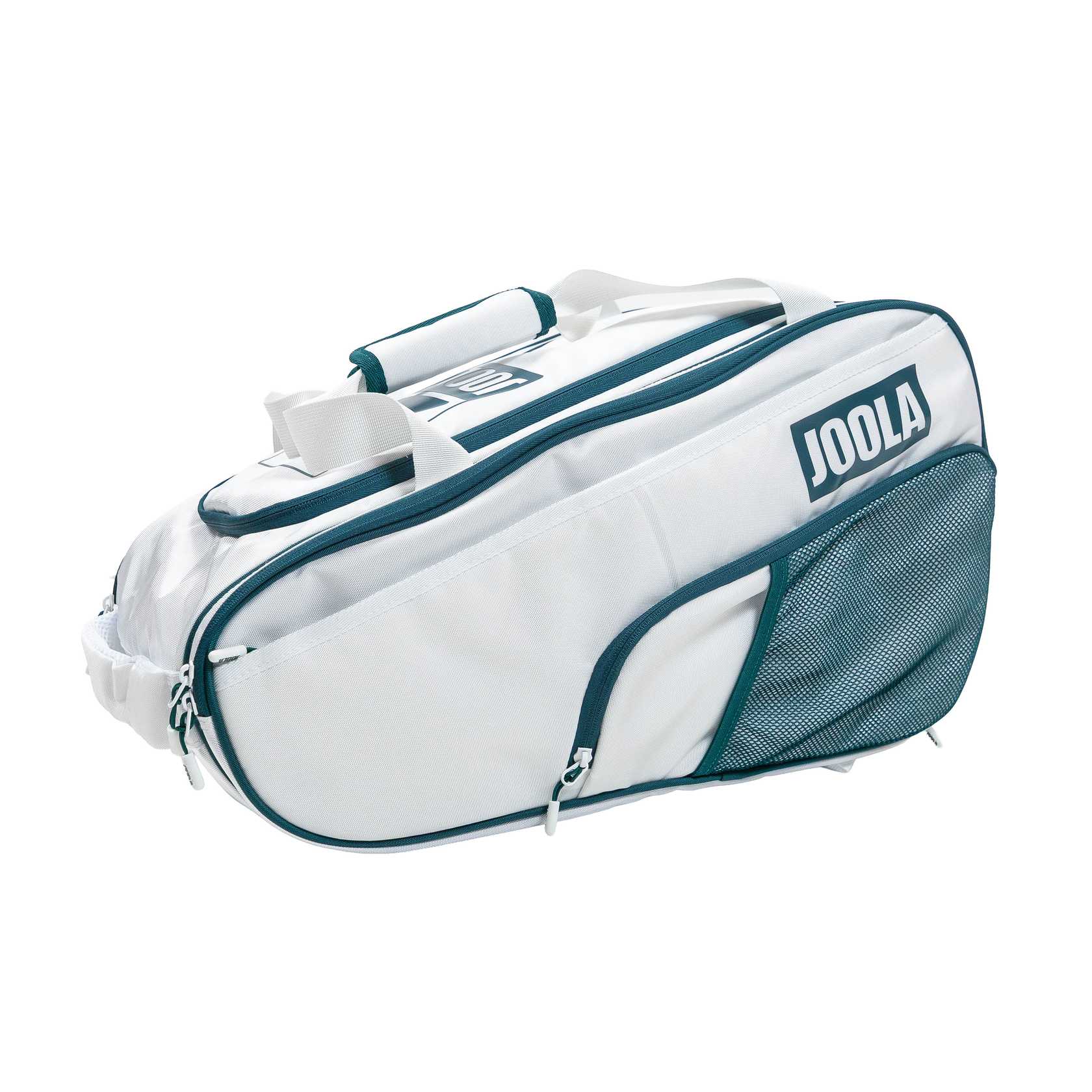 White background, image of a green and white JOOLA Tour Elite pickleball bag.