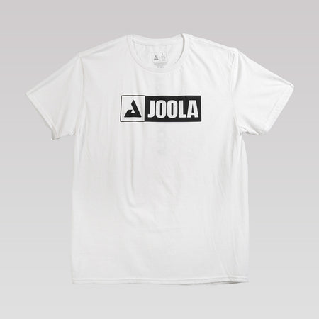 Gray gradient background, product image of a white JOOLA graphic tee.