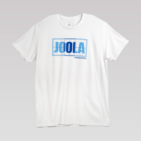 Gray gradient background, product image showing the white JOOLA Court Graphic Tee.