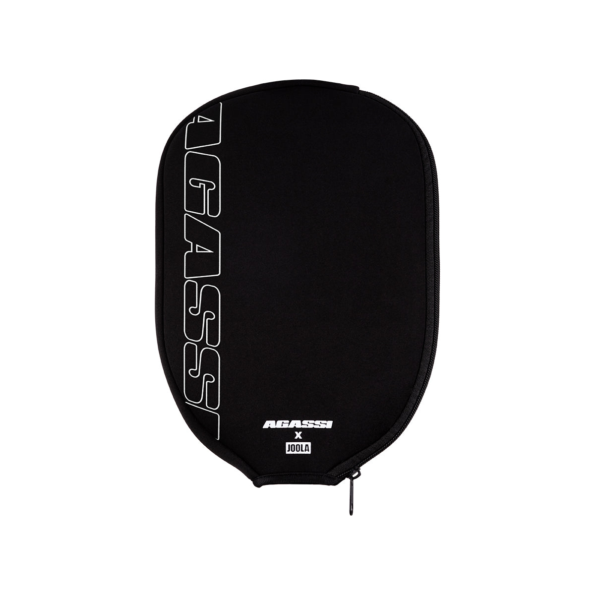 Black Agassi Neoprene pickleball paddle cover with Agassi branding on a white background.