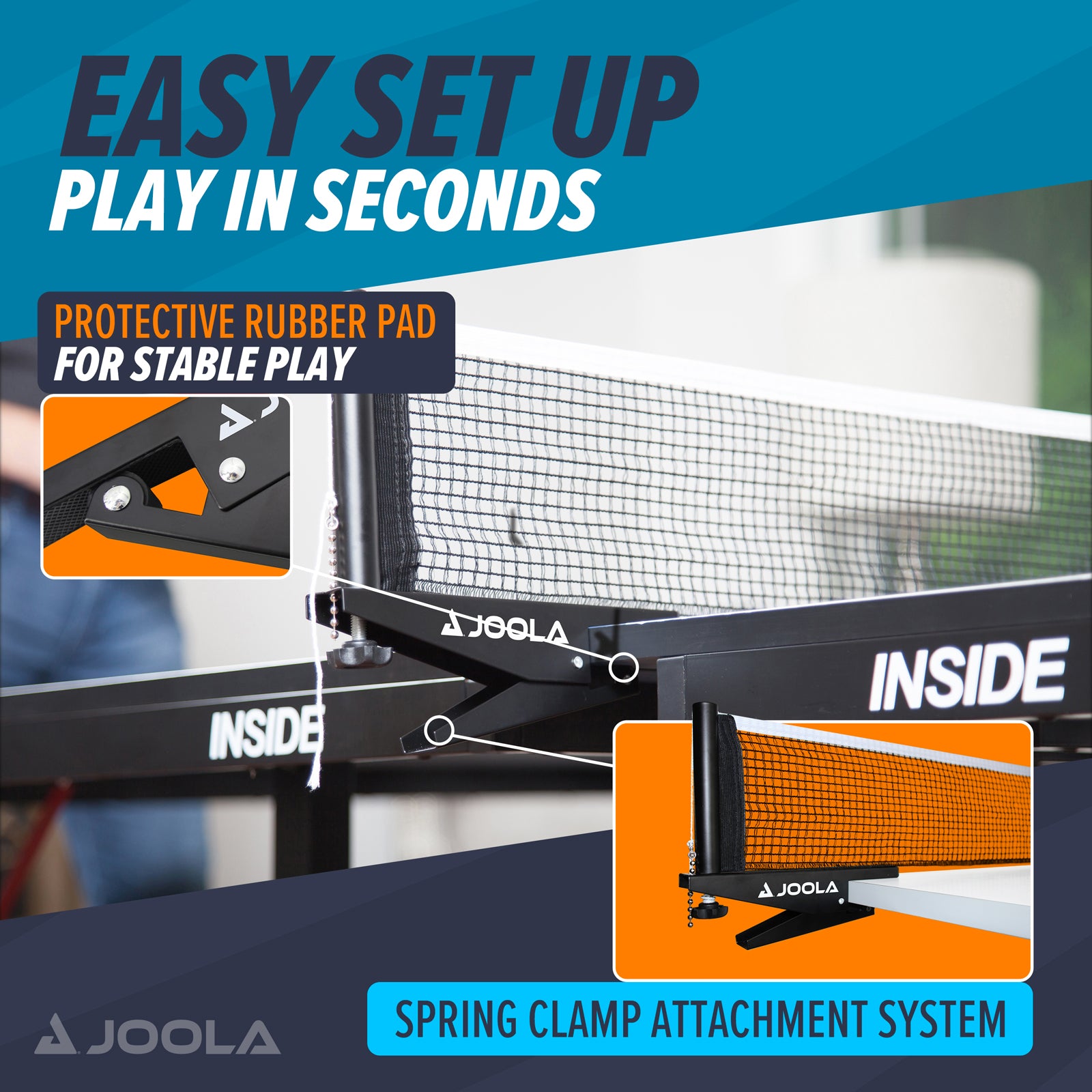 Infographic showing the easy to set up and play in second JOOLA inside net.