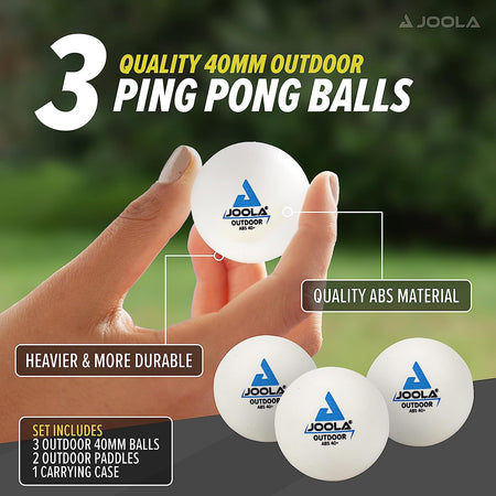 JOOLA Table Tennis infographic showing the three 40mm outdoor table tennis balls that are included in the Vivid Outdoor Racket Set.