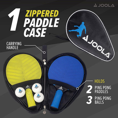 JOOLA infographic showing the contents of the Vivid Outdoor Racket Set. One yellow racket, one blue racker, a zipper case and three ping pong balls are all included.