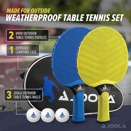JOOLA table tennis infographic for the Vivid Outdoor Racket Set. Image shows one blue racket, one yellow racket, three JOOLA outdoor table tennis balls and a stylish zipper case.