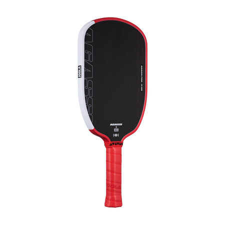 White background, product image of the JOOLA x Agassi Pro 14mm Pickleball Paddle with red handle, and red and white edge guard.