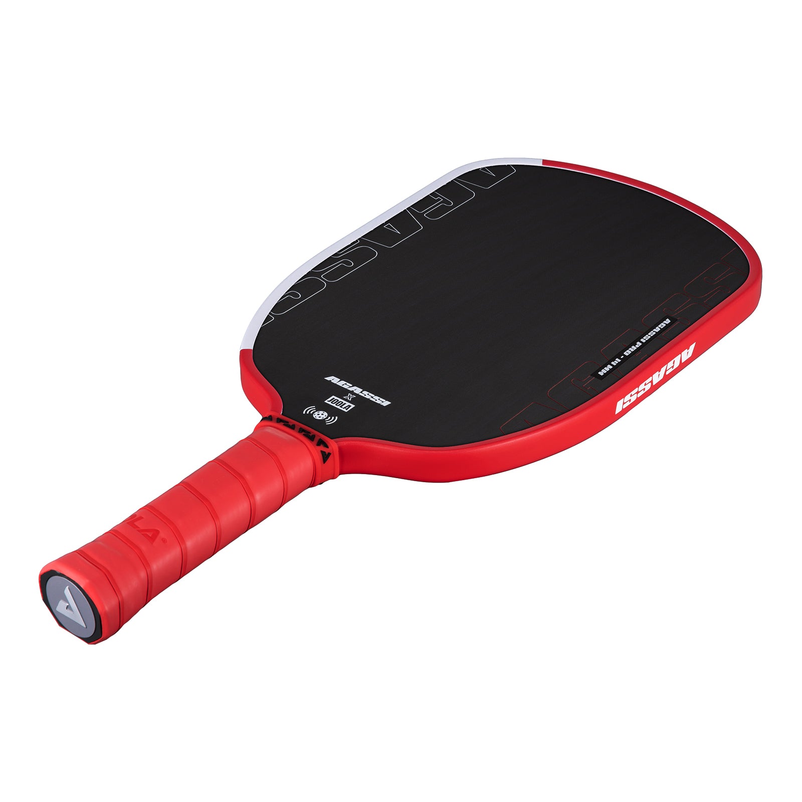 White background, product image of the Agassi x JOOLA Pro Pickleball paddle, red handle, black surface.