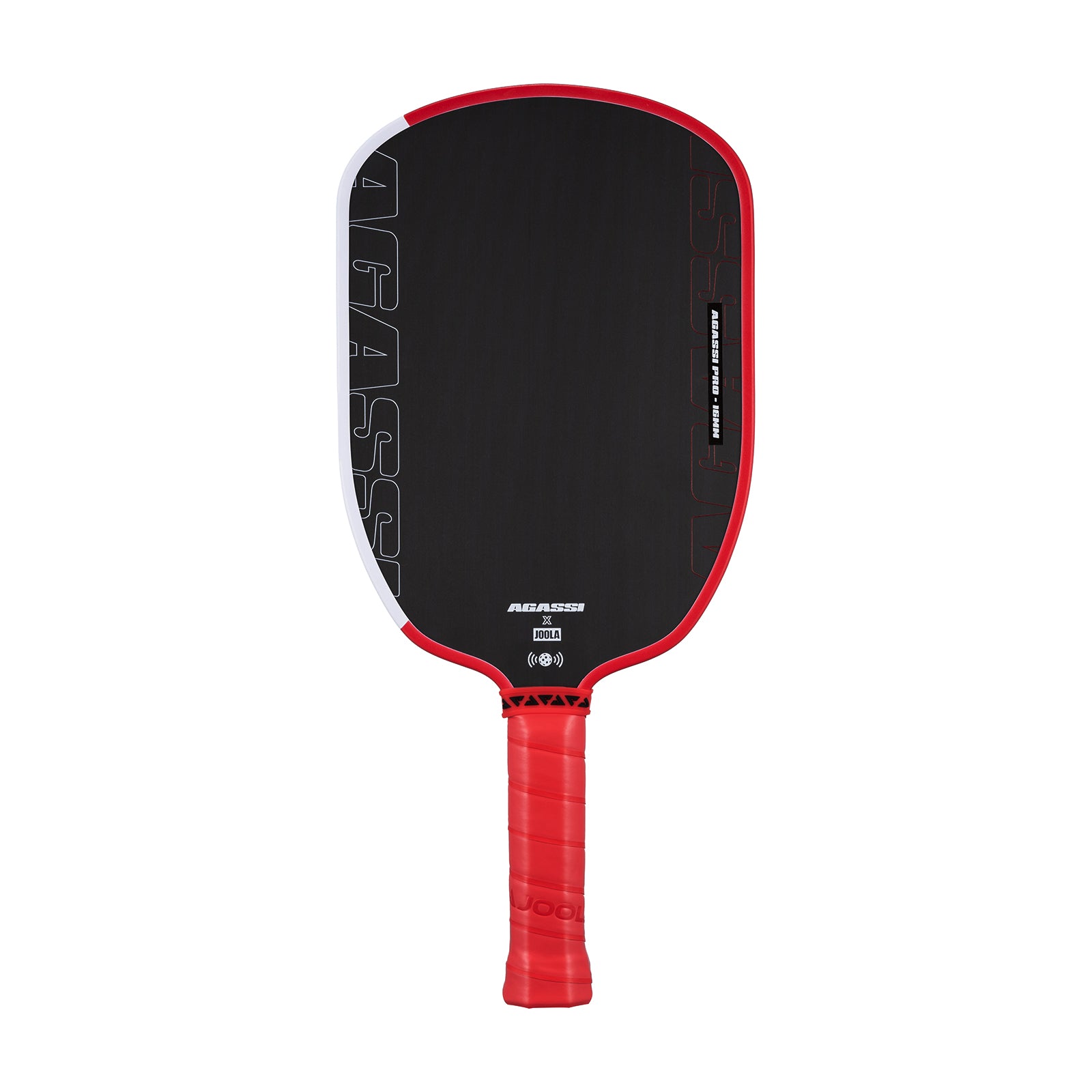 White background, product image of the Agassi x JOOLA Pro Pickleball paddle, red handle, black surface.