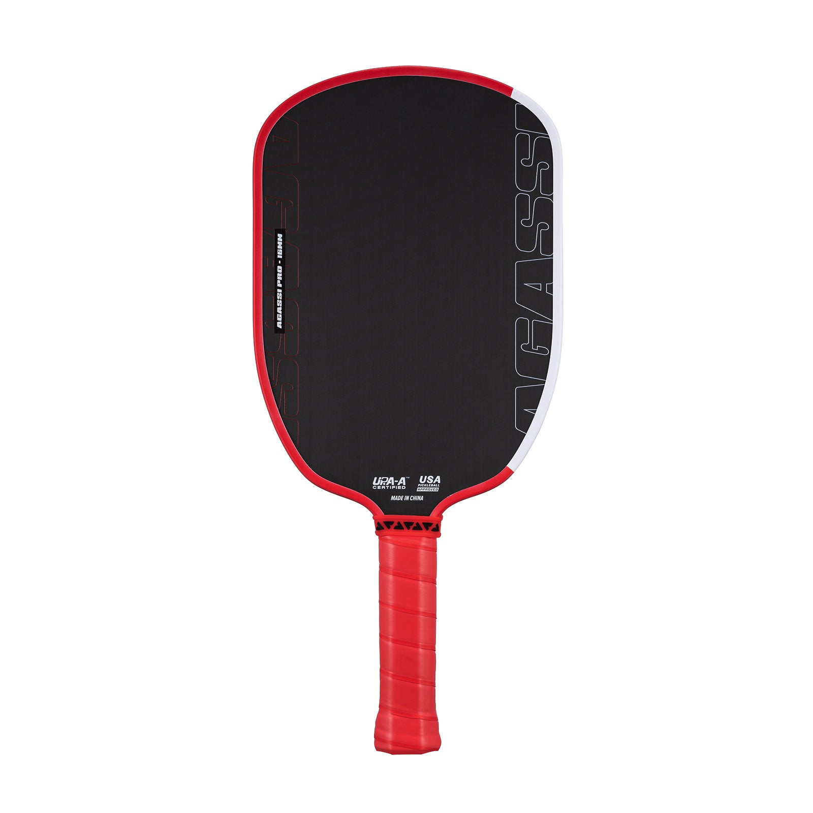 White background, product image of the Agassi x JOOLA Pro pickleball paddle with black surface, white and red edge guard and red handle.