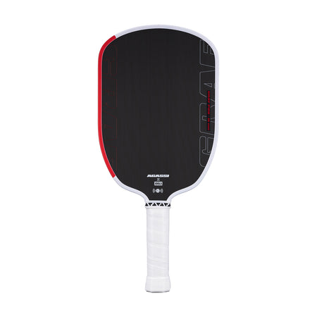 White background, product image of the Agassi x JOOLA Graf Pro pickleball paddle with white handle, black surface and white and red edge guard.