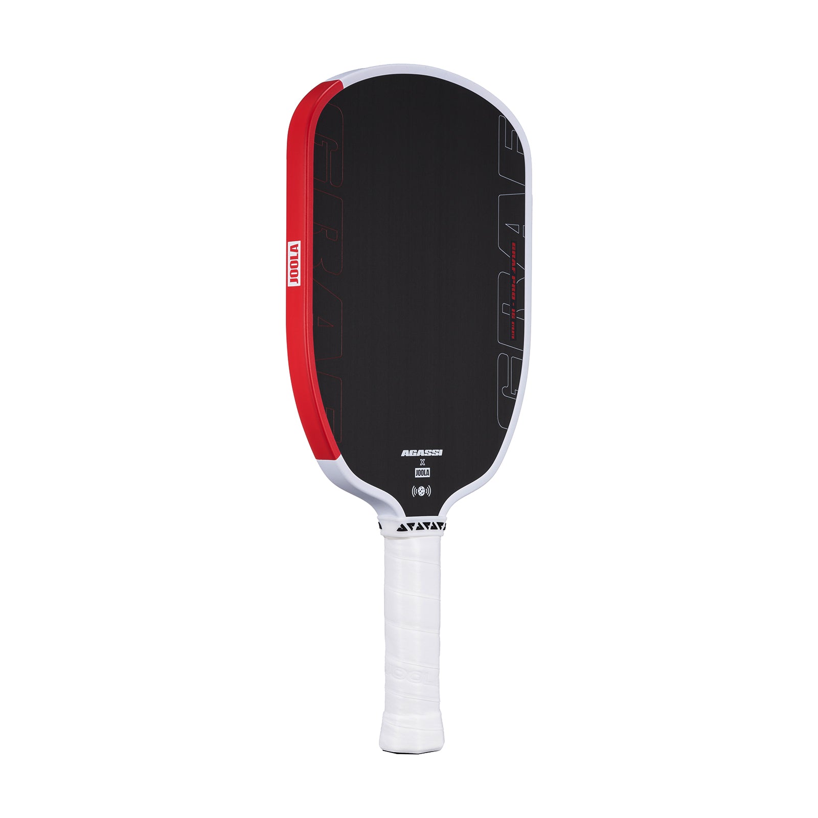 White background, slightly angled product image of the Agassi x JOOLA Graf Pro pickleball paddle with white handle, black surface and white and red edge guard.