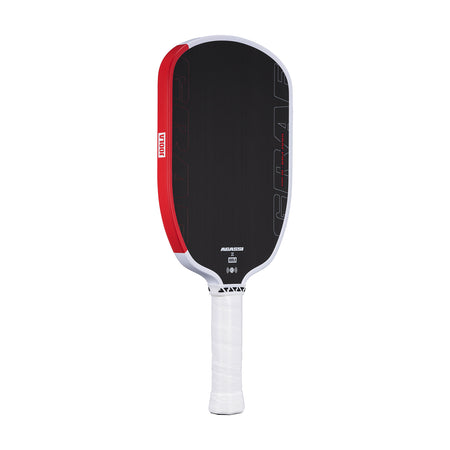 White background, slightly angled product image of the Agassi x JOOLA Graf Pro pickleball paddle with white handle, black surface and white and red edge guard.