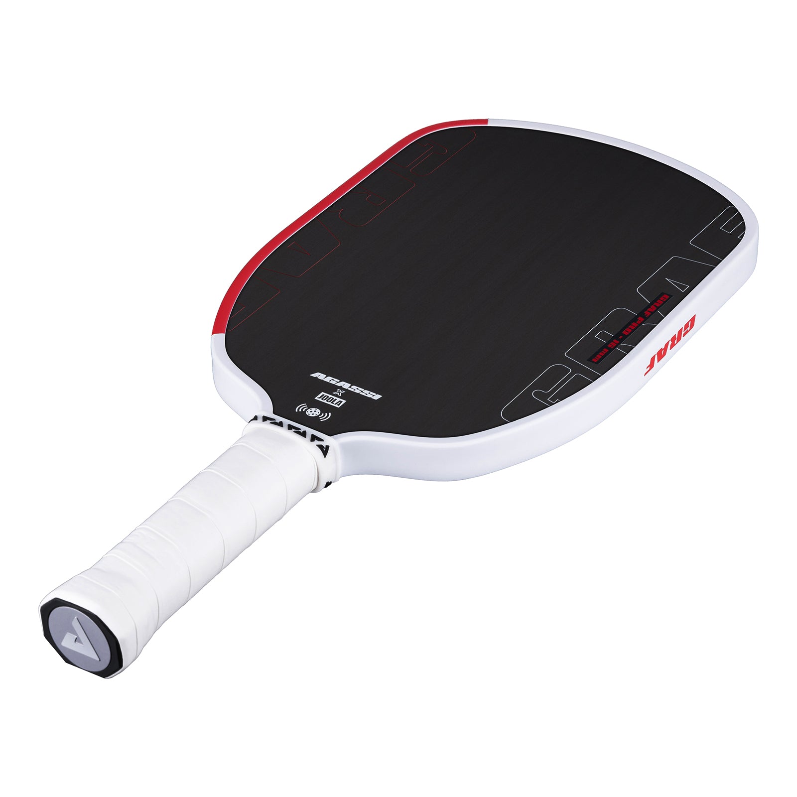 White background, product image of the Agassi x JOOLA Graf Pro pickleball paddle with white handle, black surface and white and red edge guard.