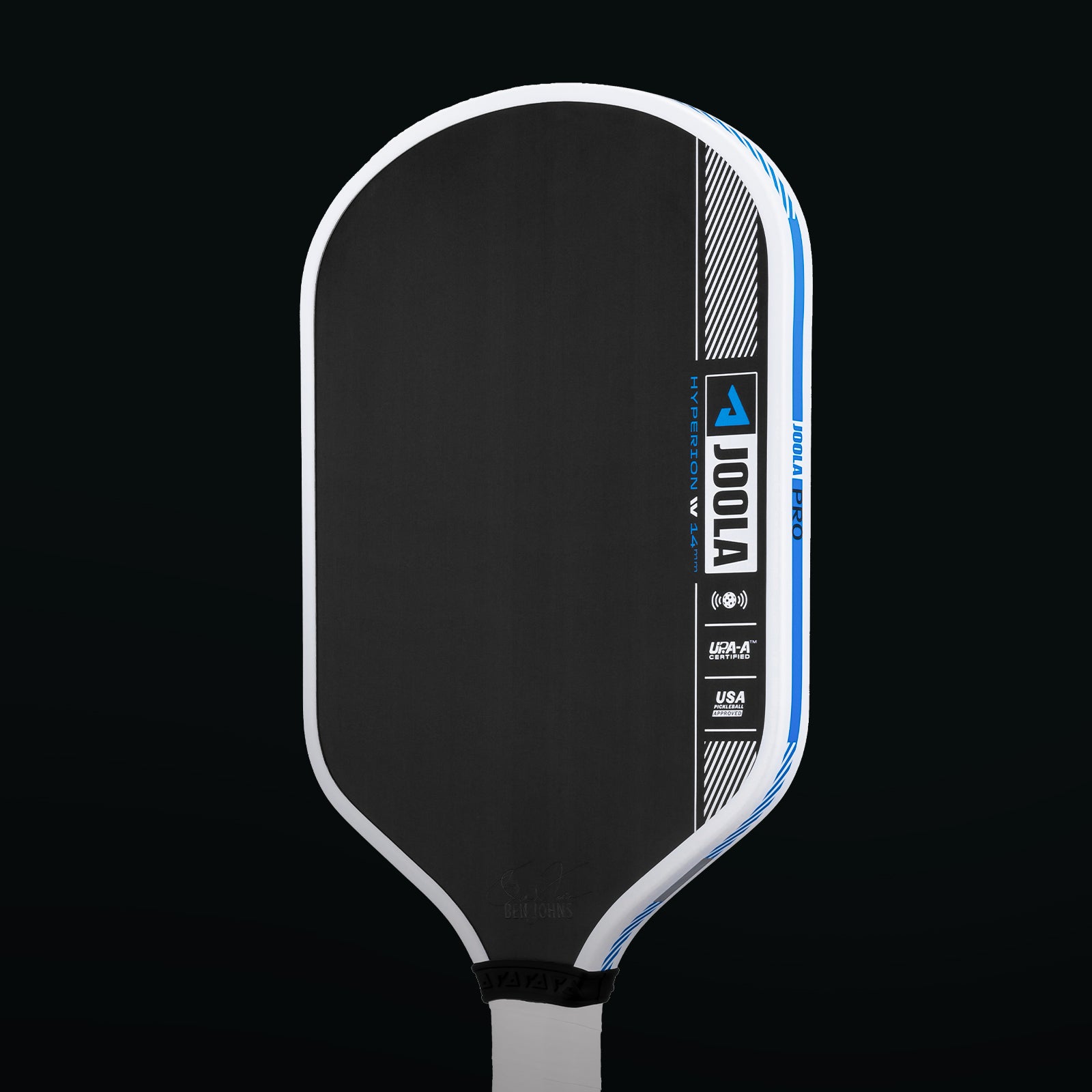 Black background, product image of the JOOLA Simone Jardim Hyperion Pro IV Pickleball Paddle, 16mm. 