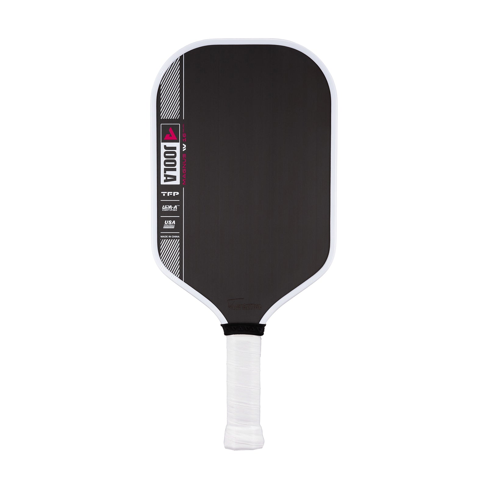 White background, product image of the JOOLA Tyson McGuffin Magnus Pro IV Pickleball Paddle. White handle, black paddle surface with pink and white.