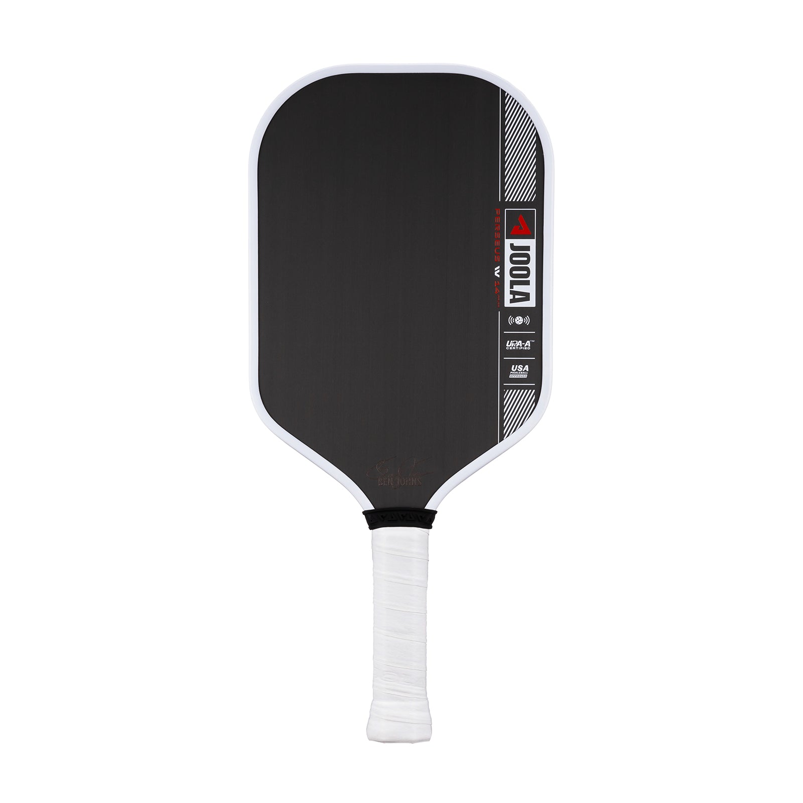 White background image, product image of the JOOLA Ben Johns Perseus Pro IV Pickleball paddle. White handle, black surface, white edge guard. 14mm.